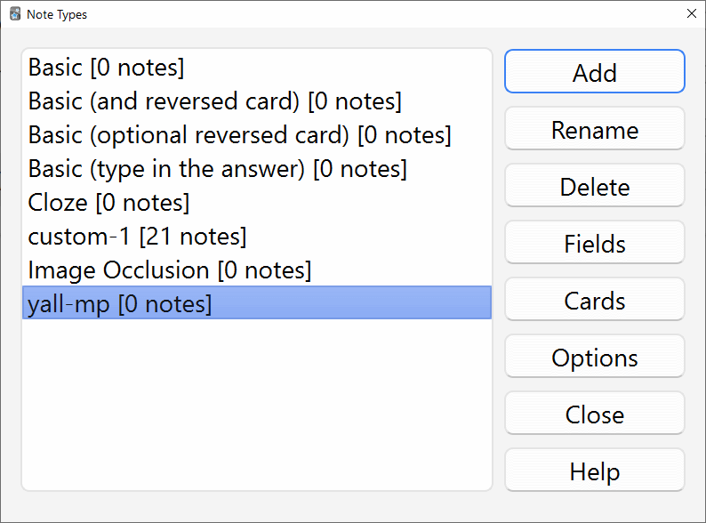 New note type on the list