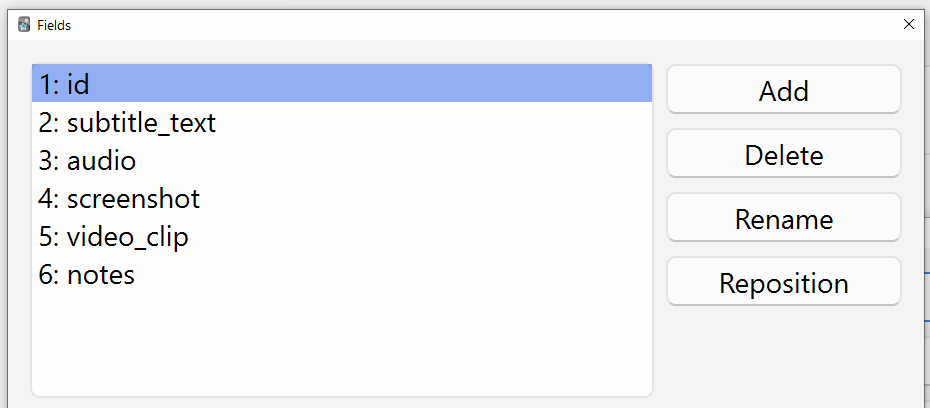 List of fields for note type