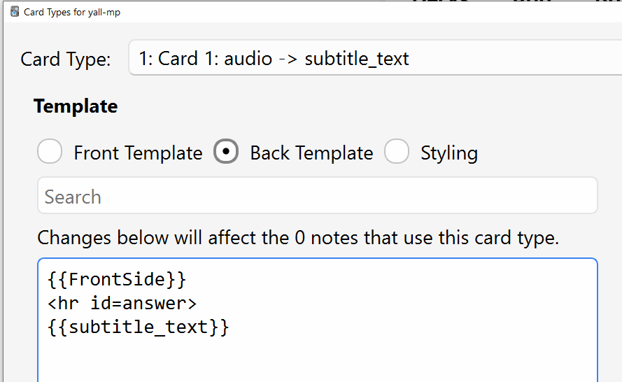 Defining the back side of Anki card template