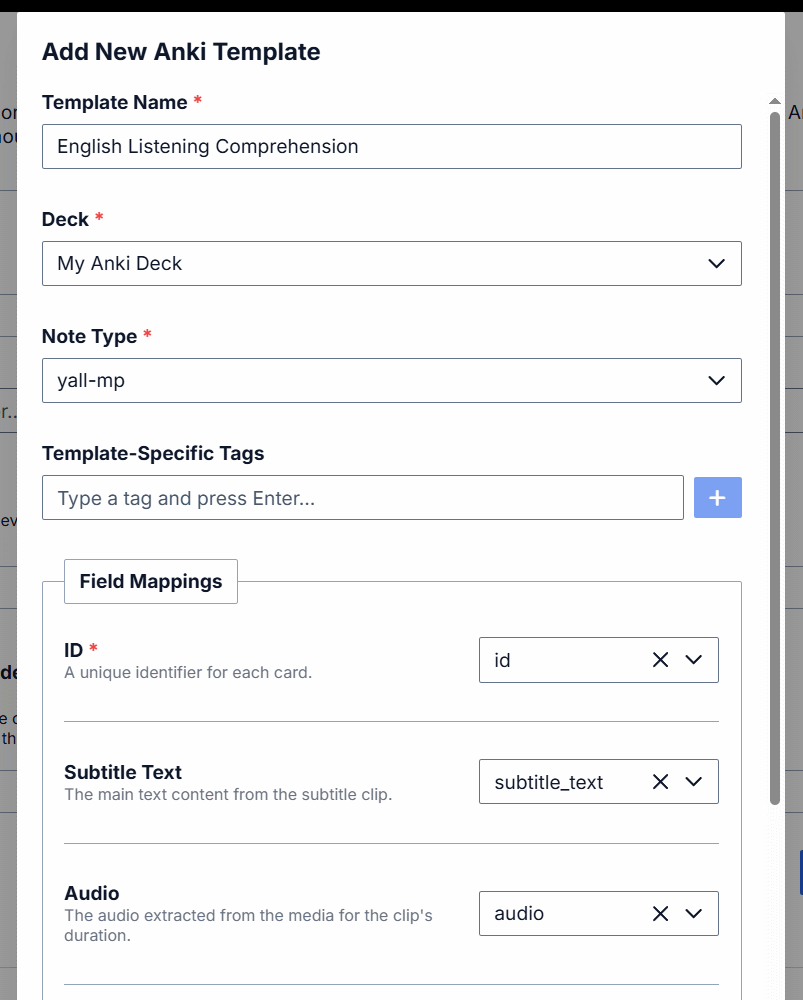 Defining new Anki card template in <b>Y'ALL Media Player</b>