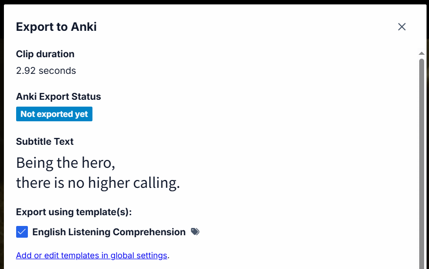 Anki export dialog in <b>Y'ALL Media Player</b>