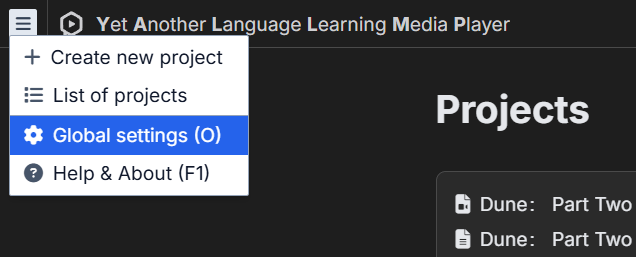 Main menu with "Global settings" option